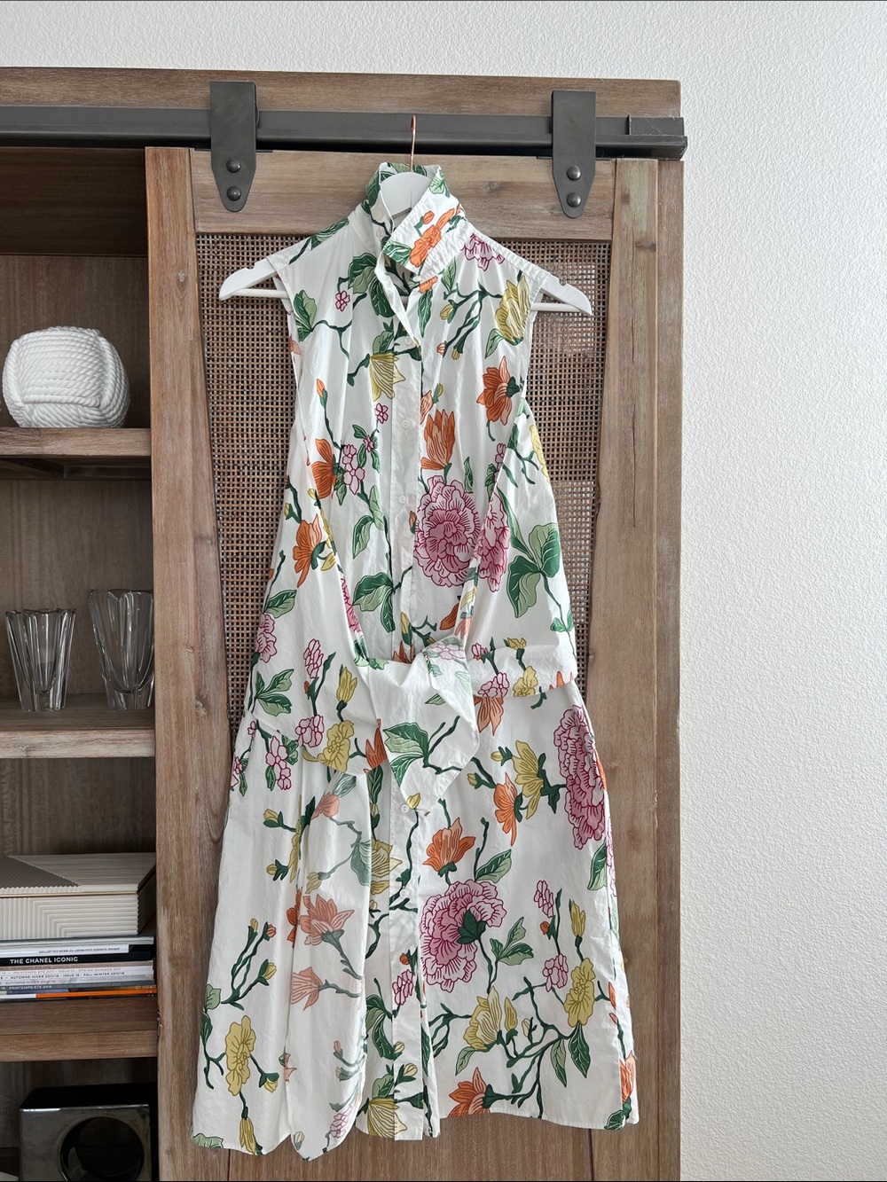 Zara White Floral Midi Shirt Dress Sleeveless Front Wrap Tie Cotton Summer